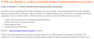 NURS 416 Module 4 - Culture of Health Project Implementation (50 points)