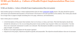 NURS 416 Module 4 - Culture of Health Project Implementation Plan (100 points)