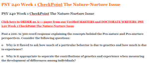 PSY 240 Week 1 CheckPoint The Nature-Nurture Issue