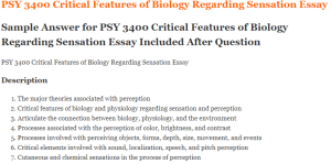 PSY 3400 Critical Features of Biology Regarding Sensation Essay
