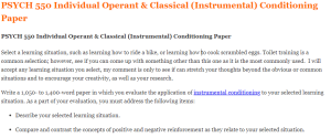 PSYCH 550 Individual Operant & Classical (Instrumental) Conditioning Paper