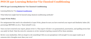 PSYCH 550 Learning Behavior Via Classical Conditioning