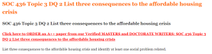 SOC 436 Topic 3 DQ 2 List three consequences to the affordable housing crisis