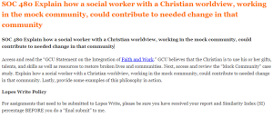 SOC 480 Explain how a social worker with a Christian worldview, working in the mock community, could contribute to needed change in that community