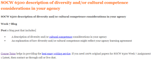 SOCW 6500 description of diversity and/or cultural competence considerations in your agency