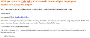 MGT 3002 South Univ Wk 5 Charismatic Leadership & Employees Motivation Research Paper