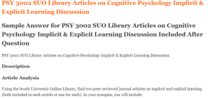 PSY 3002 SUO Library Articles on Cognitive Psychology Implicit & Explicit Learning Discussion