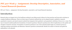 PSY 5107 Week 4 - Assignment Develop Descriptive, Associative, and Causal Research Questions